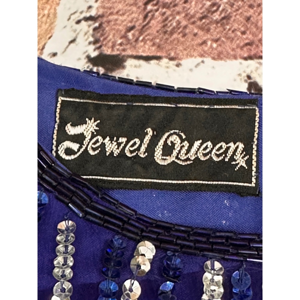 Jewel Queen Vintage Royal Blue Beaded Silk Sequin Evening Top Short Sleeve L - Picture 4 of 15